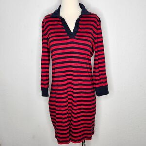 Tommy Hilfiger Preppy Rugby Dress Striped Cotton Polo Collar Navy Red Medium